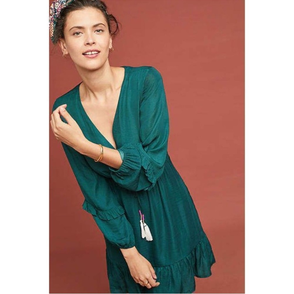 Anthropologie  Dolan teal draped V-neck sleeved dress Small